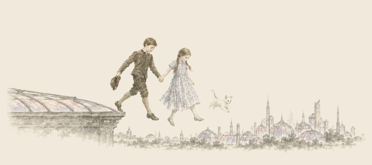 Zeb and Dorothy walk hand in hand off the edge of a glass roof into the air, with Eureka the kitten beside them, above a city of glass domes and spires.