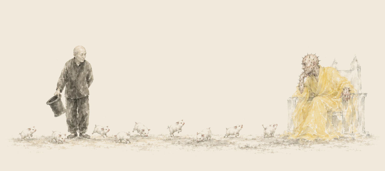 The Wizard holds his tall hat low as nine tiny piglets run along the ground; a bald, thorny Sorcerer in a yellow robe watches from a glass throne.