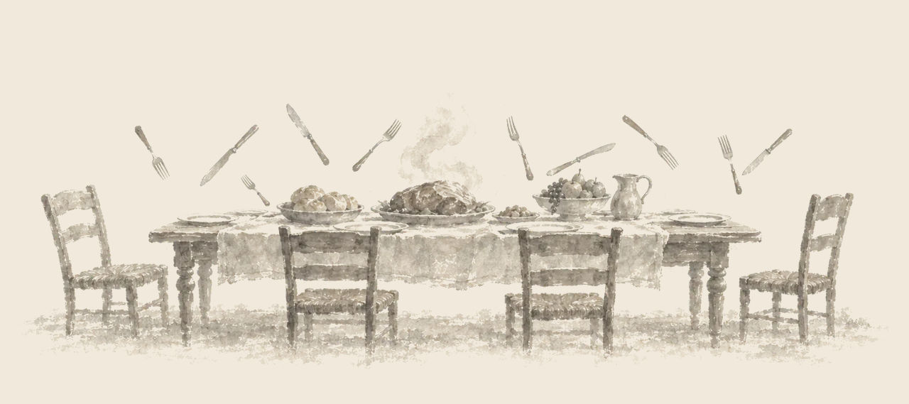 A long table set with bread, roast meat and fruit stands among four empty chairs, with knives and forks hanging in the air above the plates.