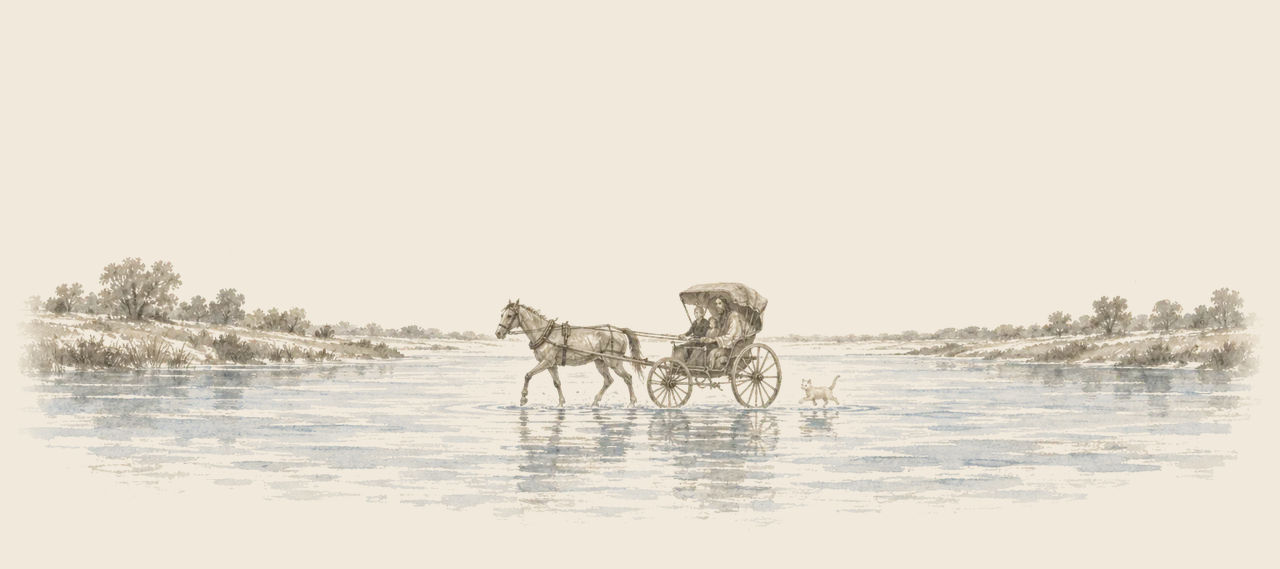 Jim wades through shallow water pulling the buggy, with the travellers small on the seat and Eureka trotting behind.