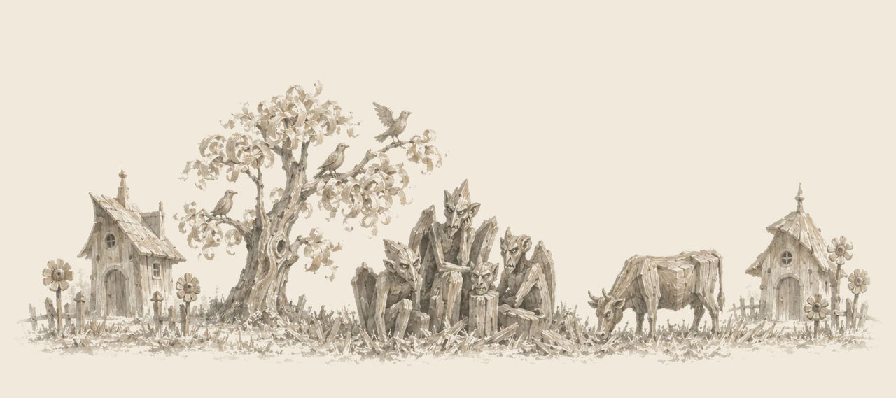Wooden Gargoyles crouch together among carved wooden houses and flowers, a tree hung with shavings and wooden birds, and a wooden cow grazing on splinters.
