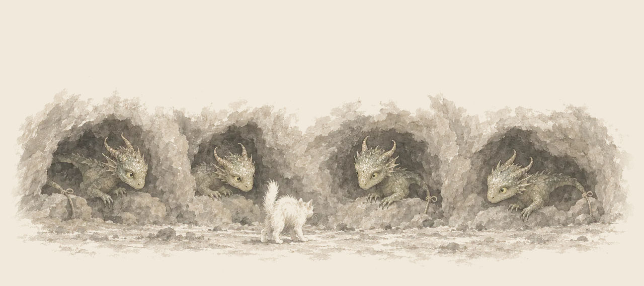 Four dragonettes watch from their pockets in the rock, their slim tails tied to stones, while Eureka stands before them with her back arched.