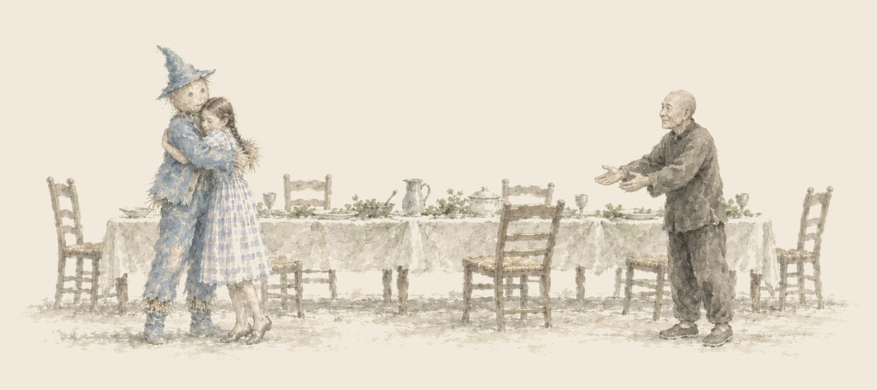 The Scarecrow hugs Dorothy by a long dinner table, while the Wizard waits at the other end with his arms held out.