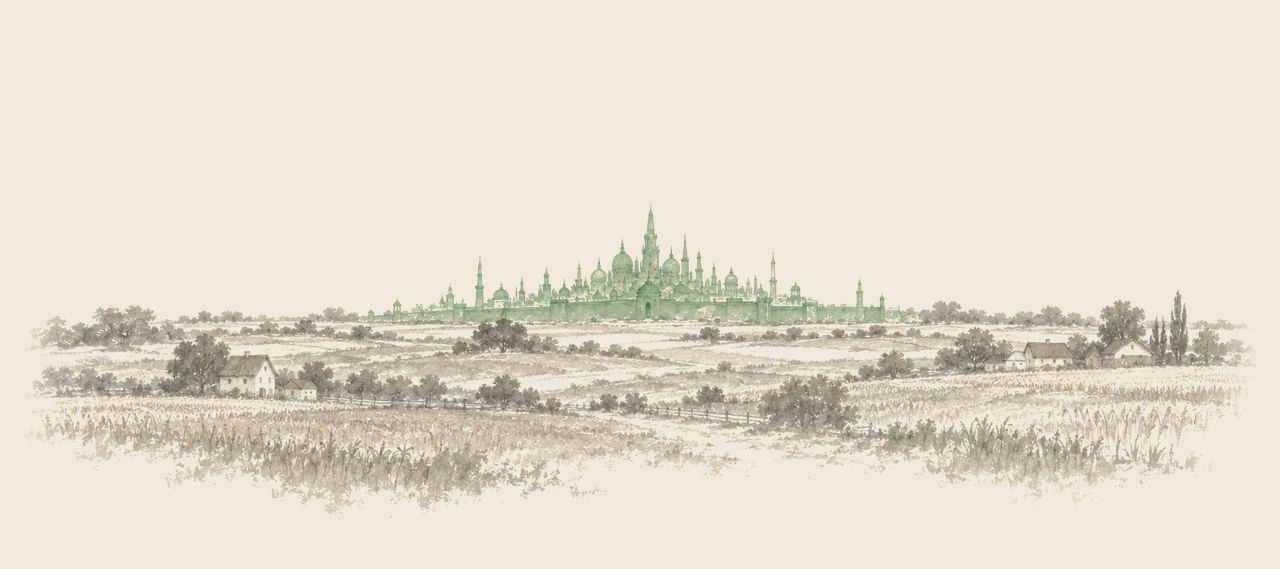 The green walls, domes and spires of the Emerald City rise on the horizon above open farmland, with farmhouses and fields of grain in front.