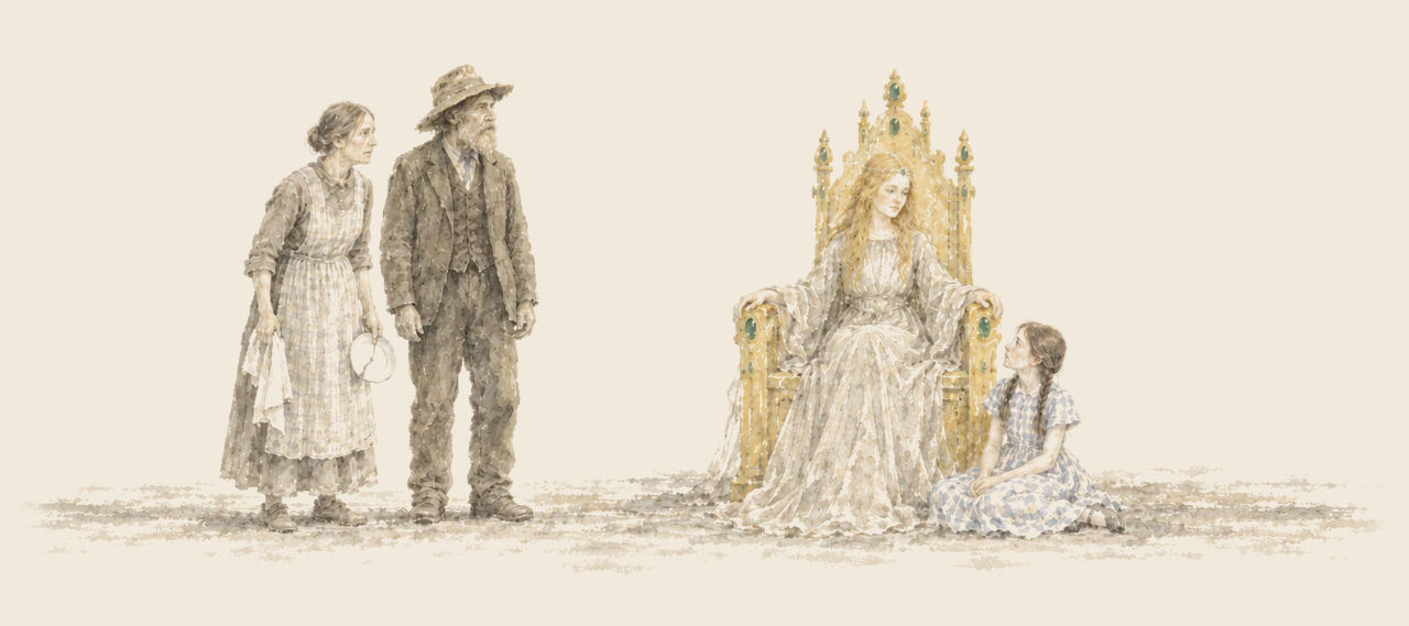 Ozma sits on a golden throne with Dorothy at her feet, as Aunt Em, holding a dish-towel and a cracked plate, and Uncle Henry stand startled before them.