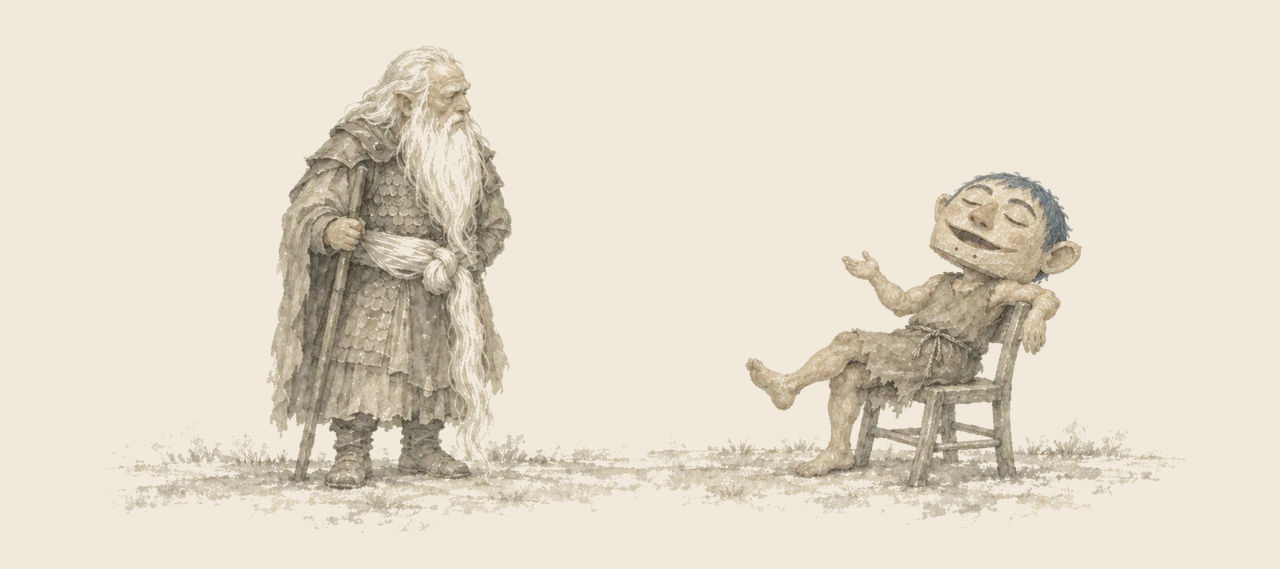 The Chief of the Whimsies, in an oversized head, lies back in a wooden chair singing, while the old Nome General listens with a puzzled look.