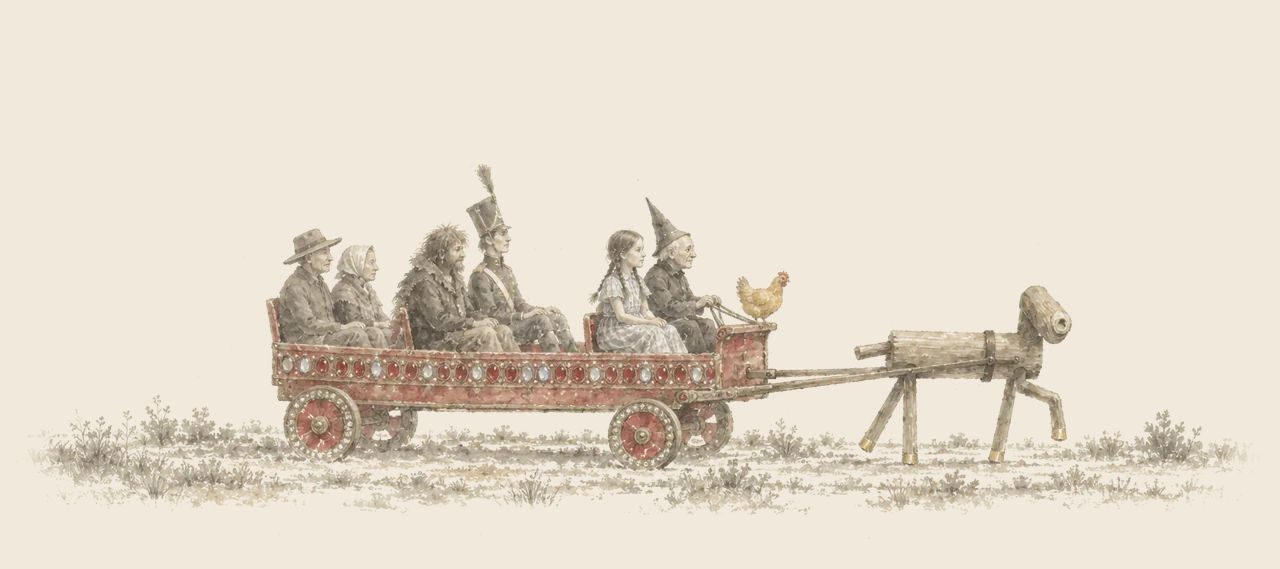 The Sawhorse pulls a red wagon carrying Dorothy, the Wizard driving, Billina, and four more: an old farmer and wife, a shaggy man and a soldier.