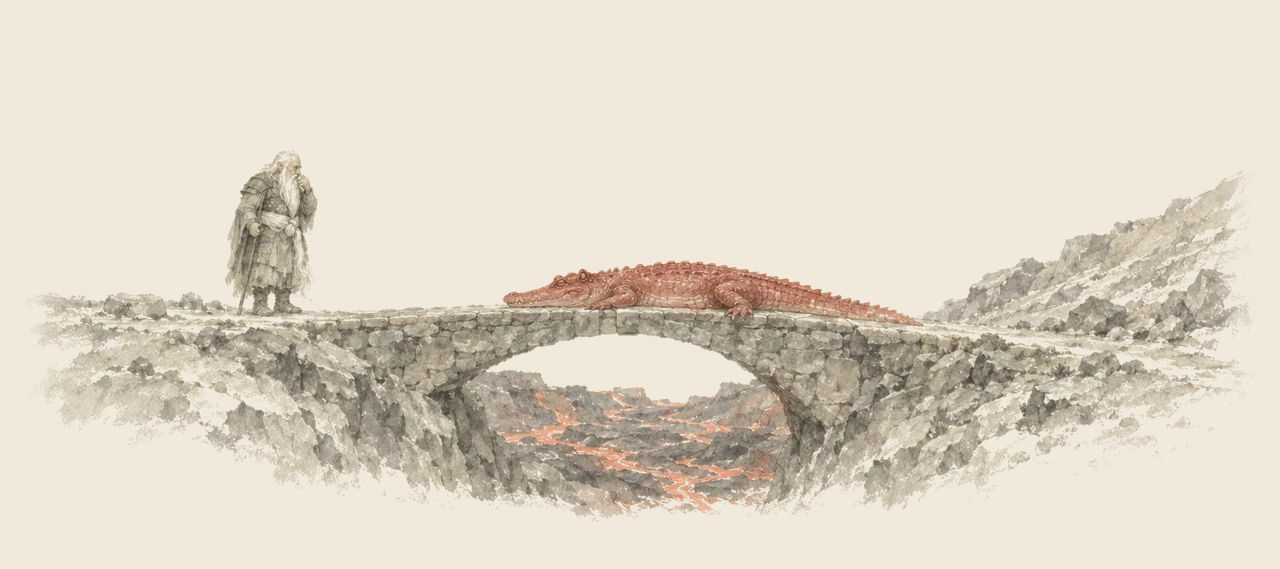 The old Nome General stands at the end of a narrow stone bridge rubbing his nose, looking at a scarlet alligator asleep along it above a gully of lava.