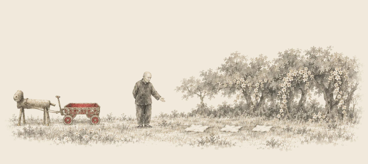 The Wizard stands with one hand out toward three handkerchiefs laid on the grass by a flowering forest, with the Sawhorse and the empty red wagon behind him.