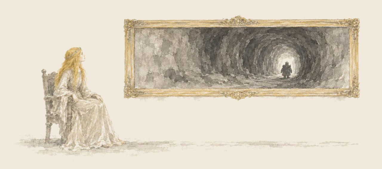 Ozma sits in a chair looking up at a large gold-framed picture in which the Nome King walks away down a dark tunnel through rock.