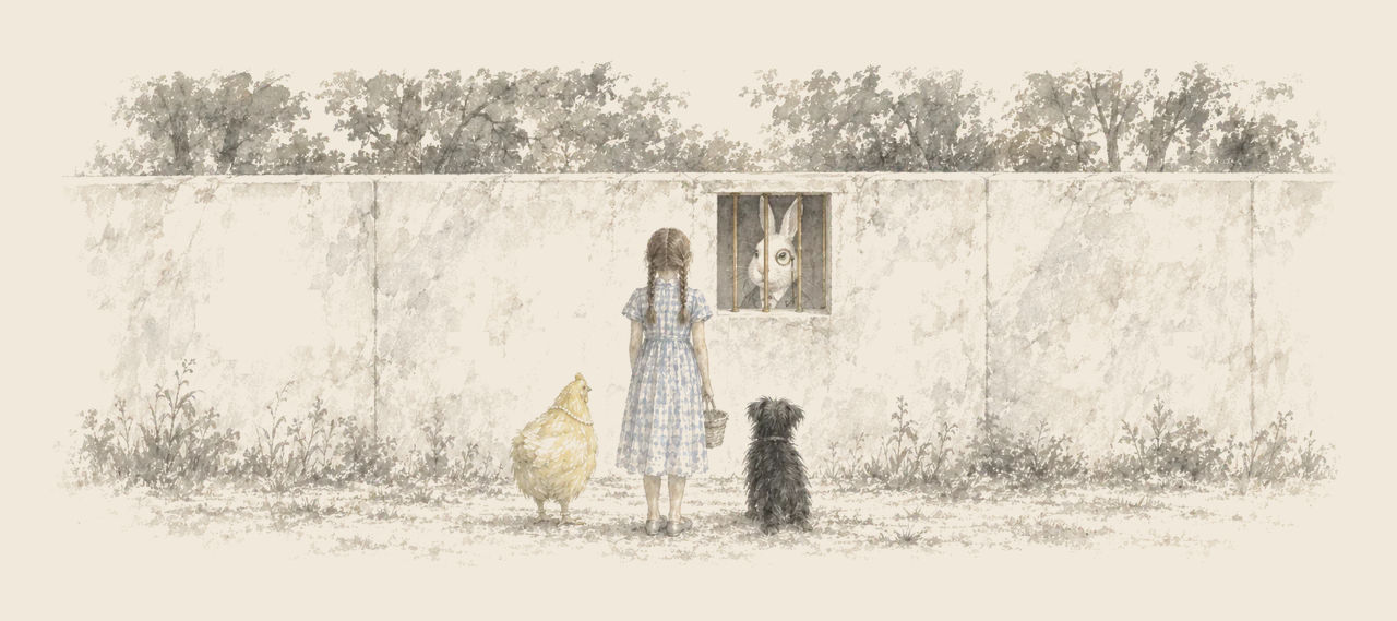 Dorothy stands before a long white wall with Billina the hen and Toto beside her, looking up at a white rabbit behind a barred window.
