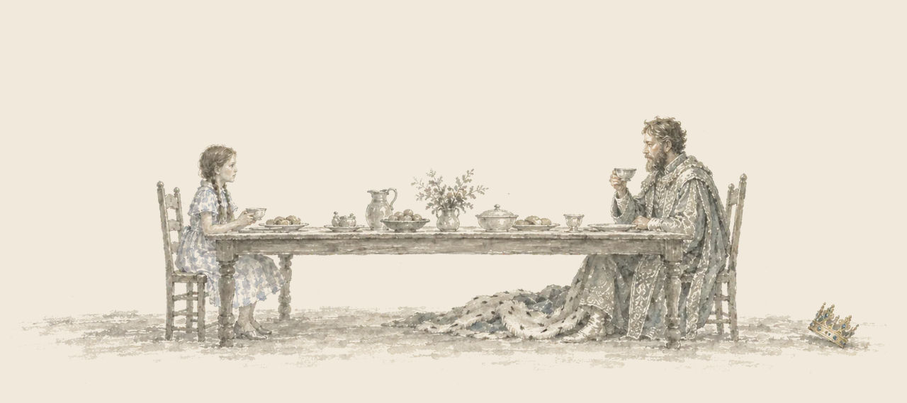 Dorothy, made small, and the Rabbit King sit across a long luncheon table with cups in hand; his crown lies on the floor and his robe trails under the table.
