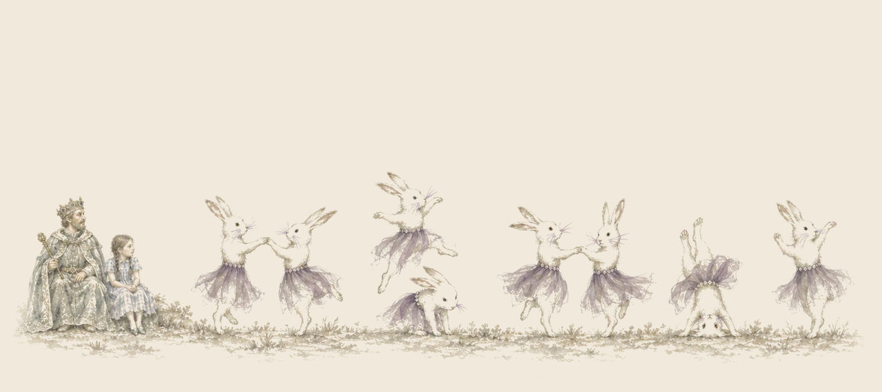 Eight white rabbits in purple skirts dance, whirl and leap, one standing on its head, while the Rabbit King and a small Dorothy sit watching at the left.