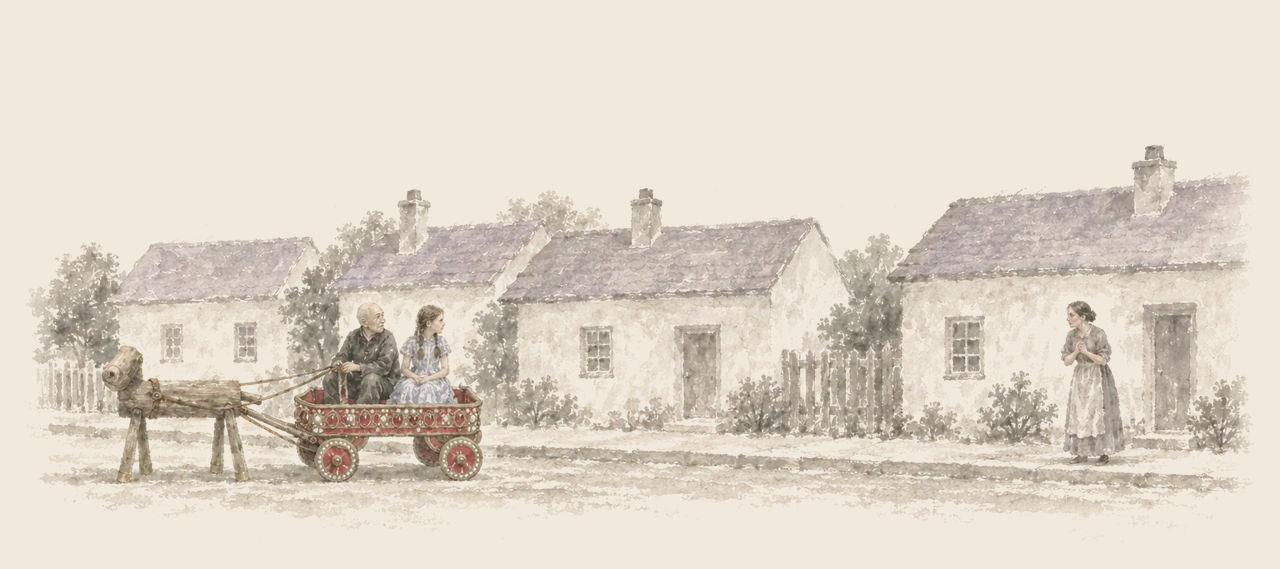 The Sawhorse stands harnessed to the red wagon, with the Wizard and Dorothy on the front seat, looking at a woman wringing her hands before plain houses.