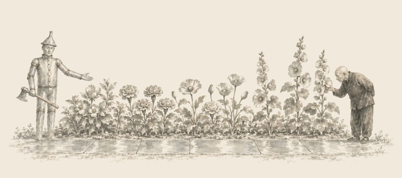 The Tin Woodman shows the Wizard a bed of tin flowers, marigolds, poppies and hollyhocks, beside a tin-paved walk; the Wizard bends to look at a hollyhock.