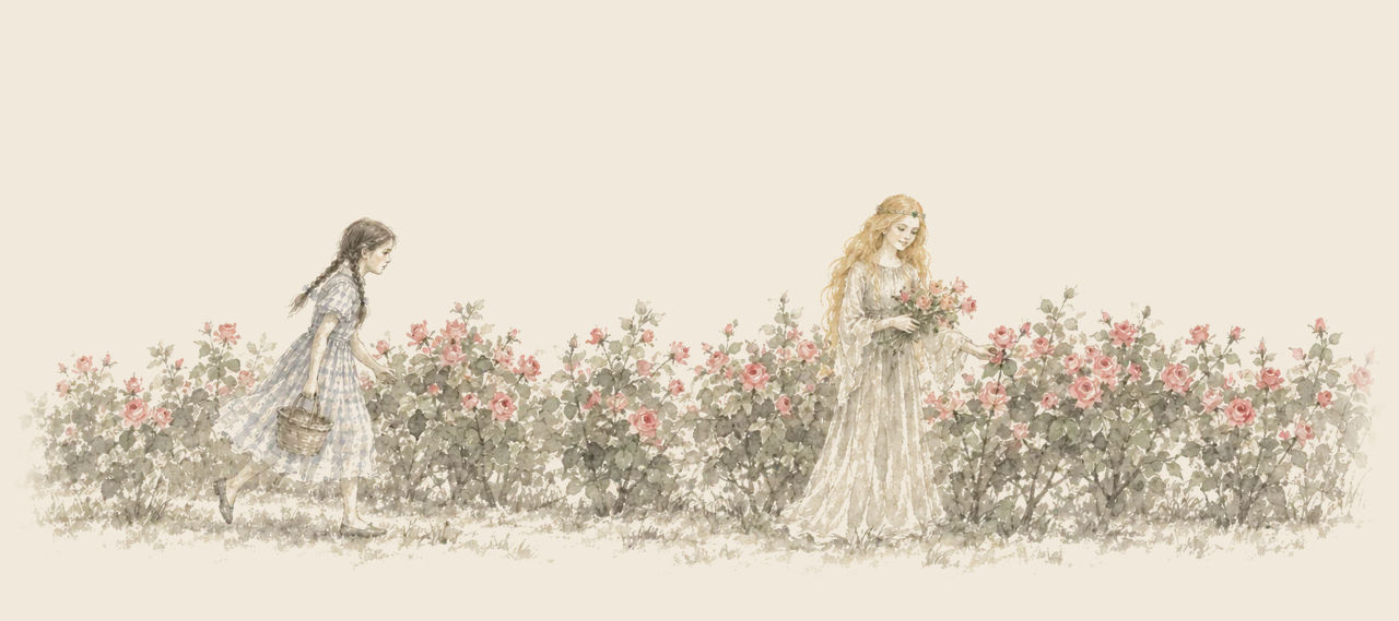 Ozma picks a bouquet among rose bushes in bloom while Dorothy, carrying a basket, hurries toward her with a sad face.