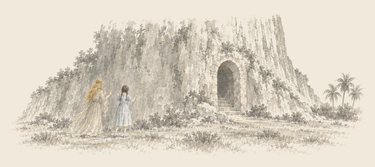 Ozma and Dorothy stand with their hands raised to the sheer face of the Flat Mountain, a few steps from an arched stone entrance with stairs.