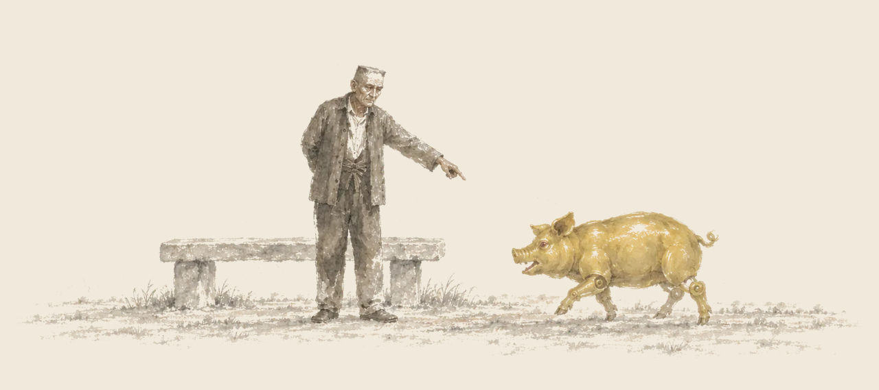 Su-dic, a lean old man, stands with one arm outstretched, pointing at a jointed Golden Pig that has run in before him; a stone bench stands behind.