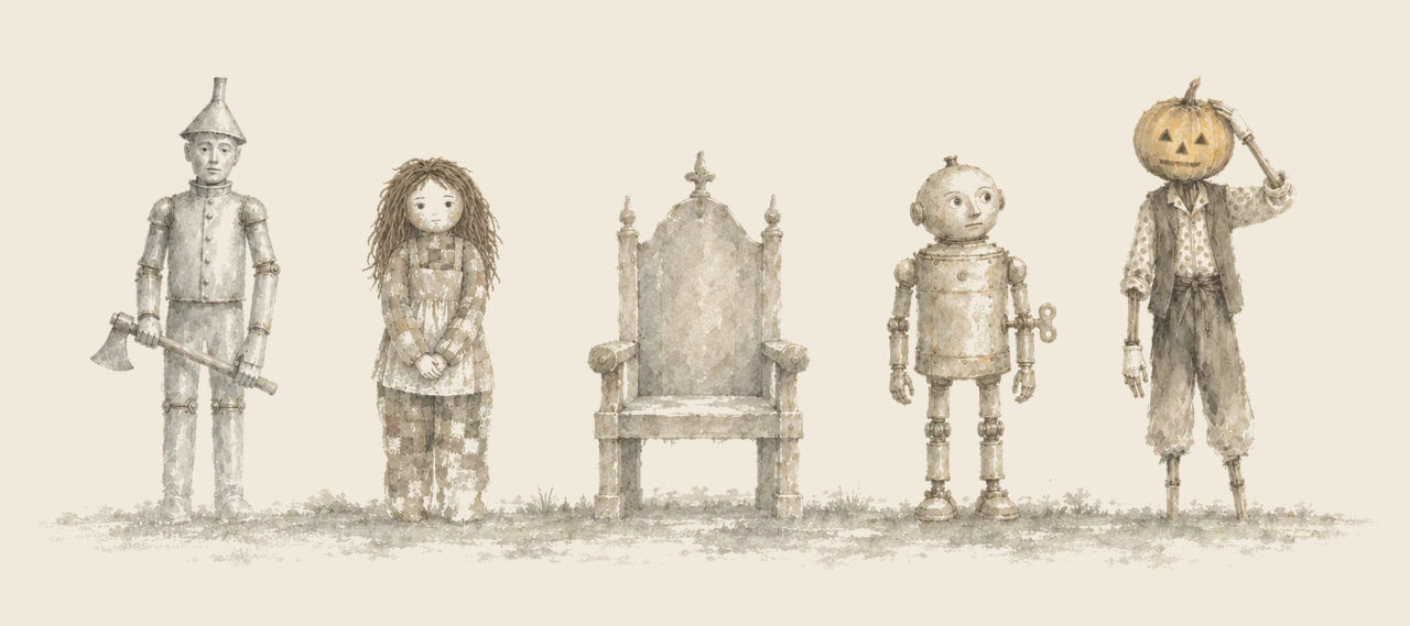 The Tin Woodman with his axe, the Patchwork Girl, an empty throne, Tik-Tok and Jack Pumpkinhead stand in a row, Jack straightening his head with one hand.