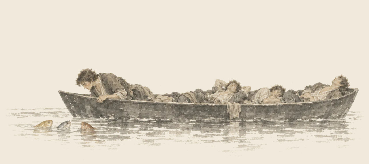 Ervic leans over the bow of a dark boat toward three fish whose heads break the surface, while three other young men sleep in the boat.