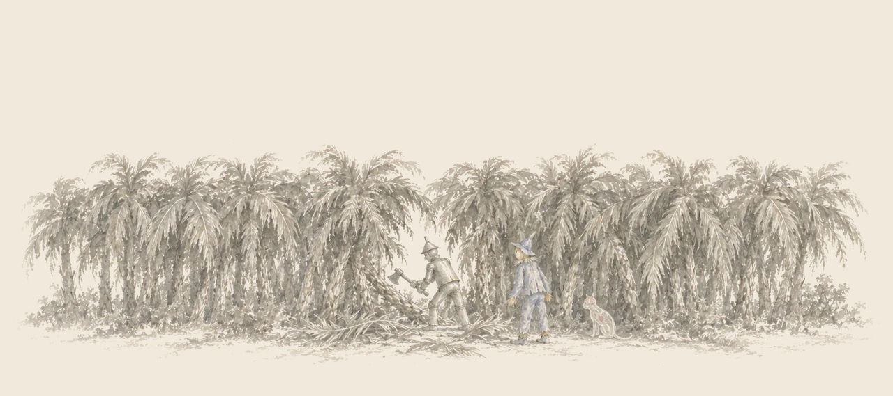 The Tin Woodman chops a way through a tall wall of interlaced palms, watched by the Scarecrow and the Glass Cat.