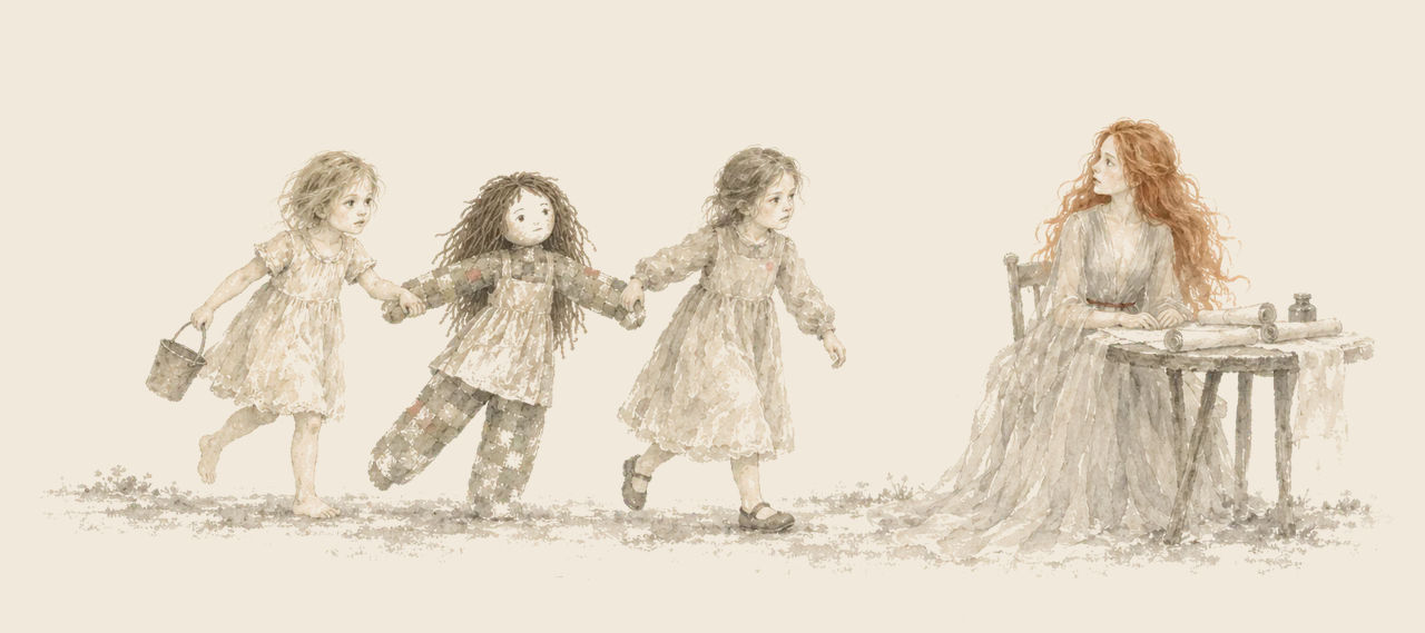 Trot and Betsy hurry in, each holding an arm of the Patchwork Girl, toward Glinda, who sits at a small table spread with scrolls.