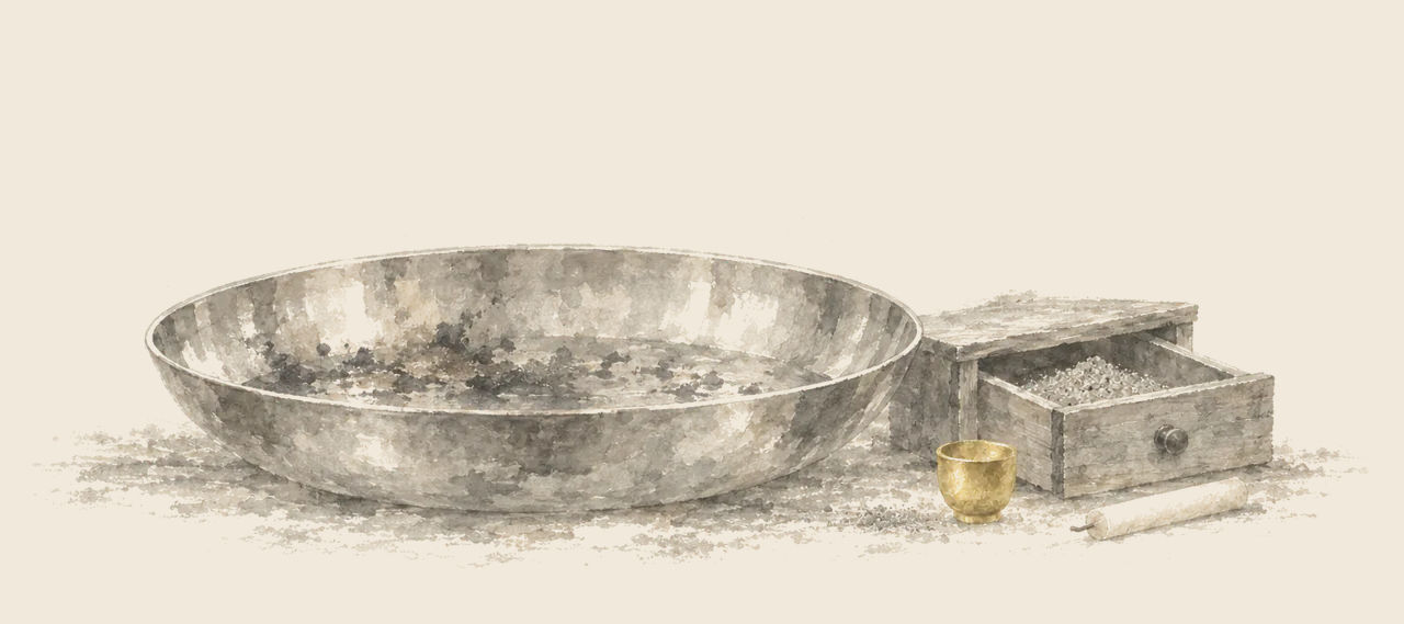 A great shallow steel basin stands on the ground beside a small drawer of gray powder, a tiny golden cup and a plain wax taper.