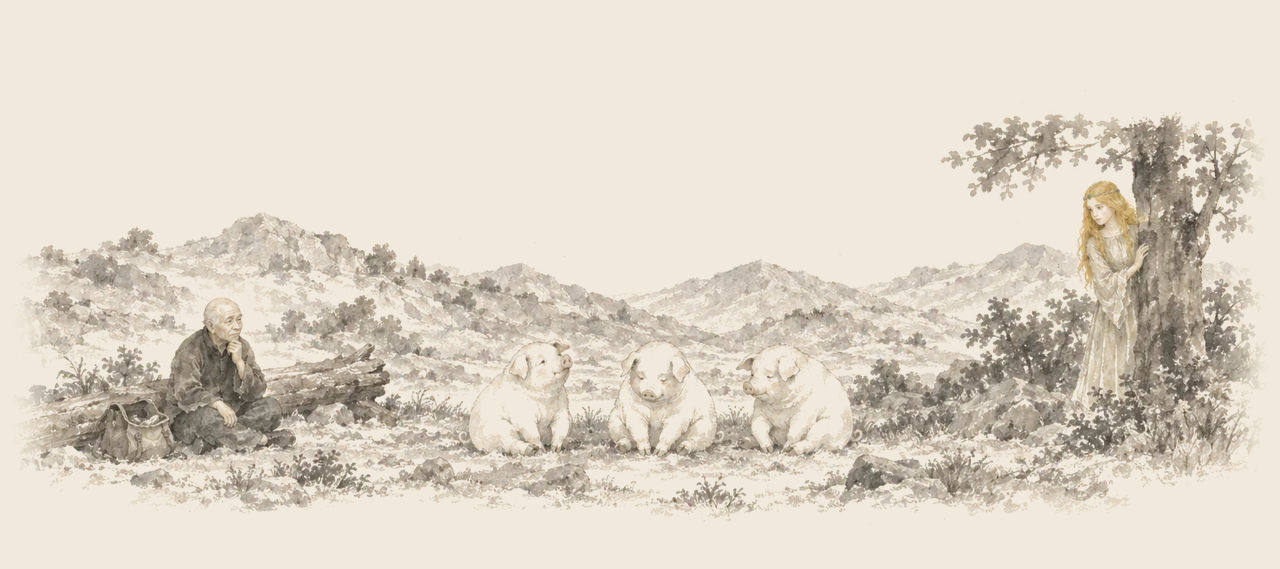 The Wizard sits on the ground by a fallen log and his bag, looking at three fat white pigs, while Ozma peeks out from behind a tree.
