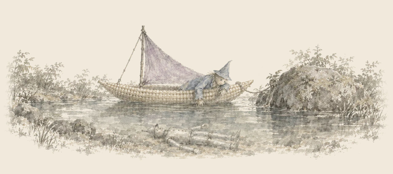 The Scarecrow leans over the side of a corncob boat with a purple sail, looking down into a stream, while the Tin Woodman lies on the shore.