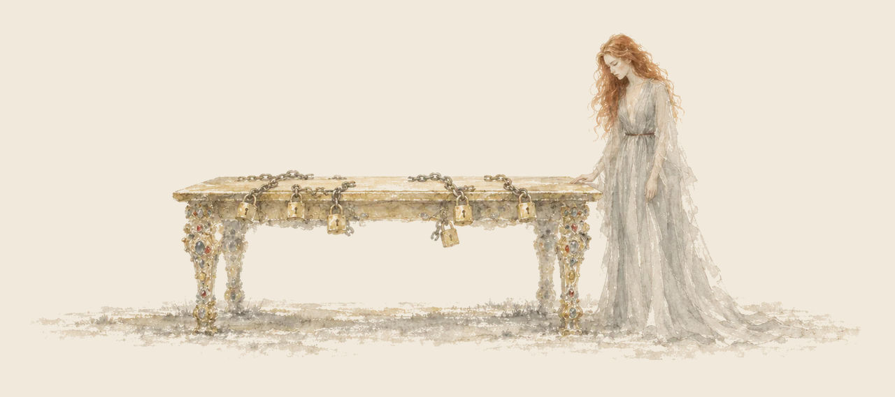 Glinda stands beside a gem-legged gold table, its top bare except for cut chains and six golden padlocks, and looks down at where the book was.