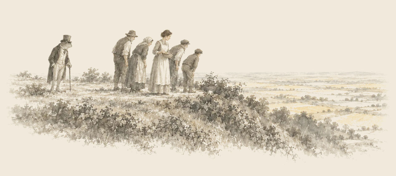 The Frogman, in a top hat and coat, and Cayke the Cookie Cook with four country neighbours stand at the edge of a brambly tableland, looking down.