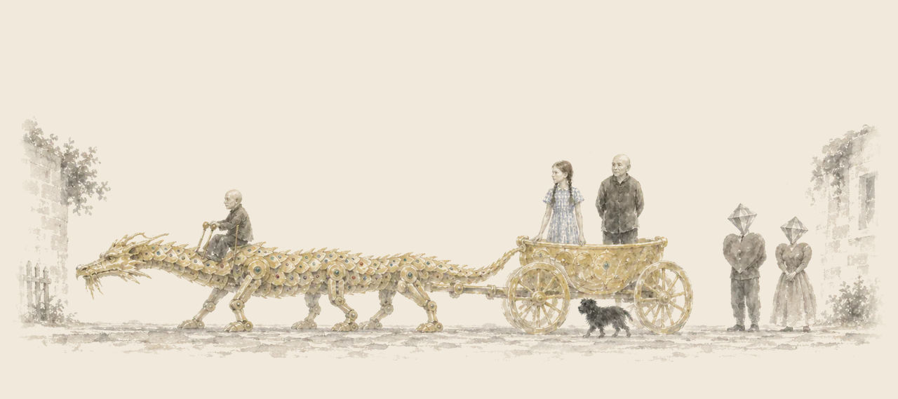 A jewelled golden dragon machine ridden by a small charioteer pulls a chariot carrying Dorothy and the Wizard, Toto below; two diamond-headed townsfolk watch.