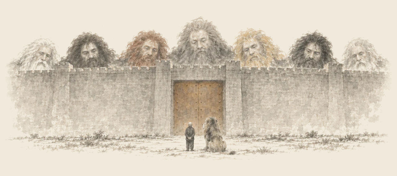 The Wizard and the Cowardly Lion stand before the shut copper gate of a long wall, with seven huge bearded giants' heads looking down over its top.
