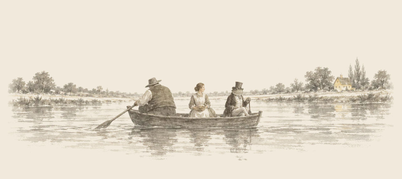A ferryman rows a small boat across a broad river with Cayke the Cookie Cook and the Frogman sitting behind him; a yellow house stands on the far bank.