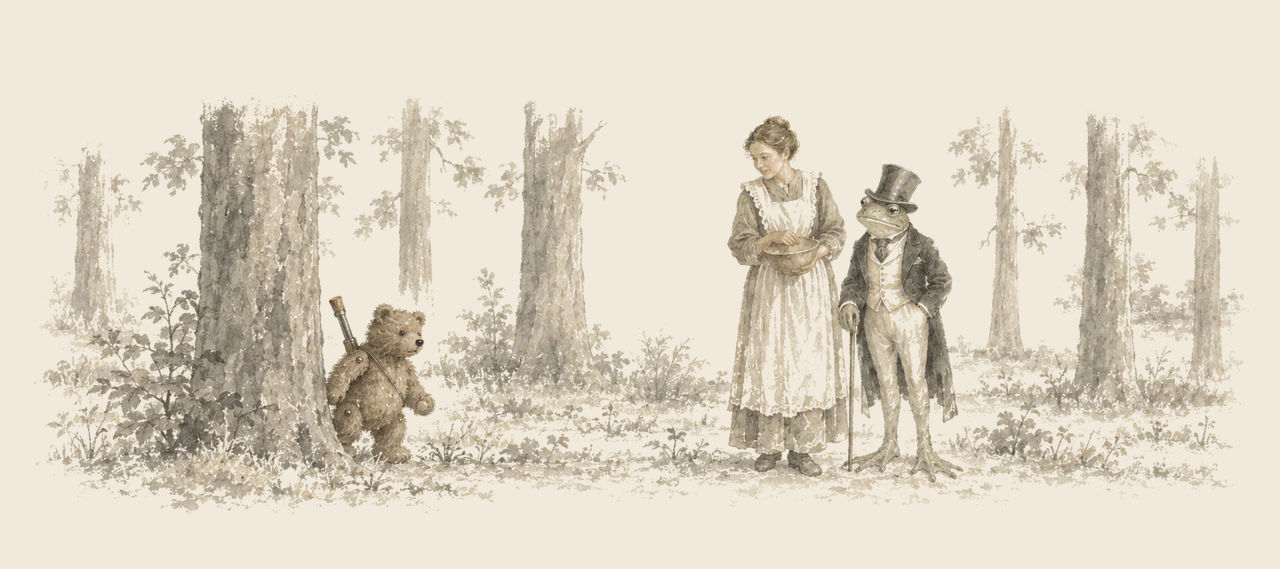 A little brown toy bear with a toy gun on his back steps out from behind a tree, while Cayke the Cookie Cook and the Frogman look at him.