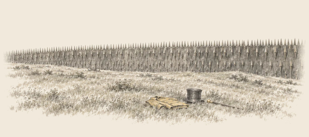 A long steel wall bristling with sharp spikes stands behind a folded coat, a tall hat and a gold-headed cane left lying in the grass.