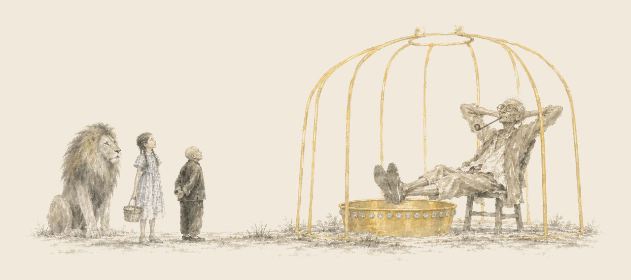 Ugu the Shoemaker lounges with his pipe and feet up in a golden cage beside a gold pan set with diamonds, as the Wizard, Dorothy and the Cowardly Lion look on.