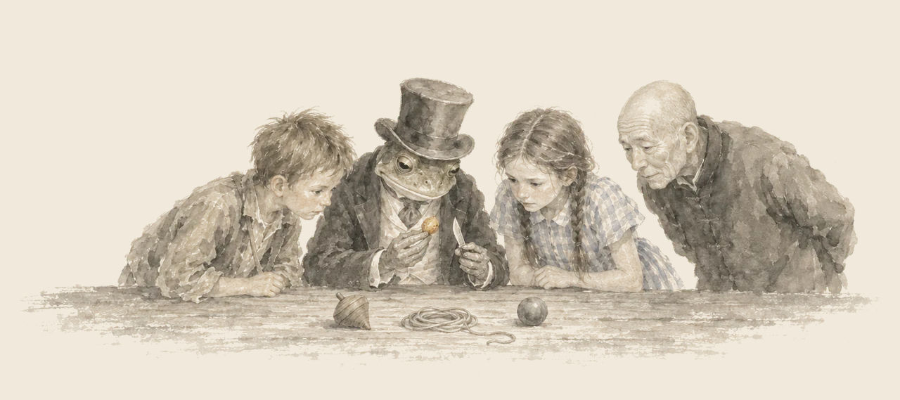 The Frogman holds up a golden peach pit and a pocket knife while Button-Bright, Dorothy and the Wizard lean in; a top, string and ball lie on the table.