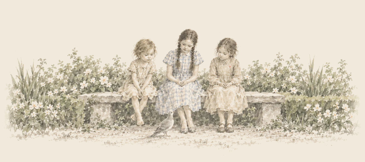 Dorothy, Trot and Betsy sit on a garden bench among flowers while a grey dove stands on the path at Dorothy's feet.