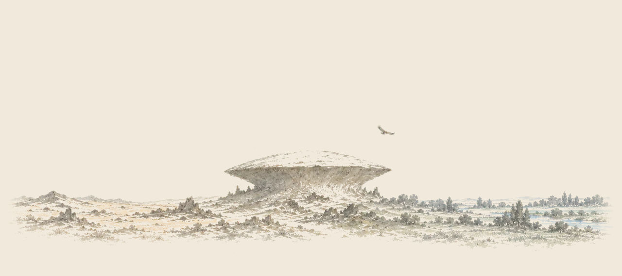 A saucer-topped mountain rises from a rocky desert on the left and a green country with a river on the right, a bird flying above it.