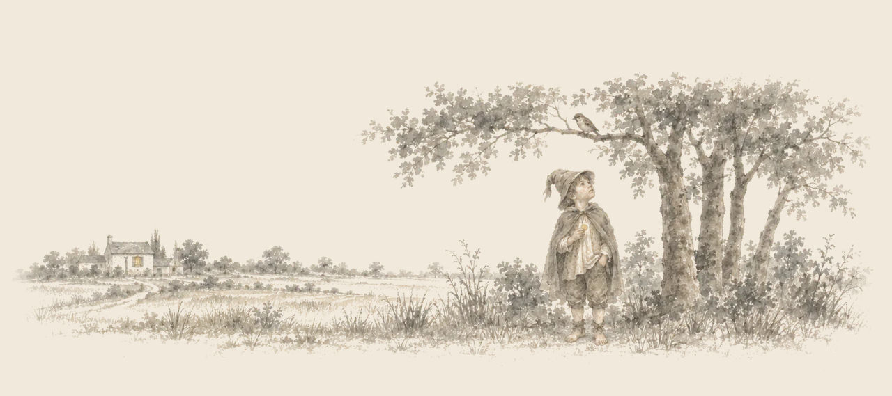Kiki Aru, a barefoot boy in a pointed hat and cloak, holds a gold piece and looks up at a sparrow on the branch above him; a house stands far off.