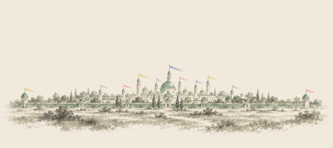 The Emerald City, with many domes and towers and a flag on each, spreads across a garden behind a low green wall.