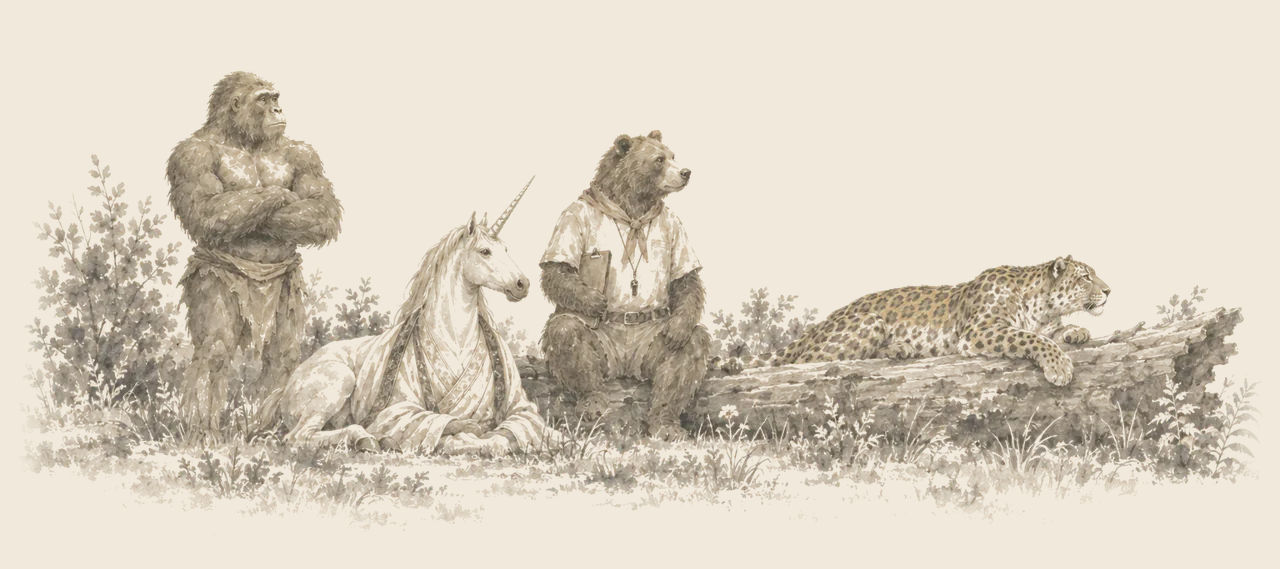 Rango the Gray Ape stands with folded arms beside Loo the Unicorn, Bru the Bear sits with a clipboard, and Gugu the King lies on a fallen trunk.