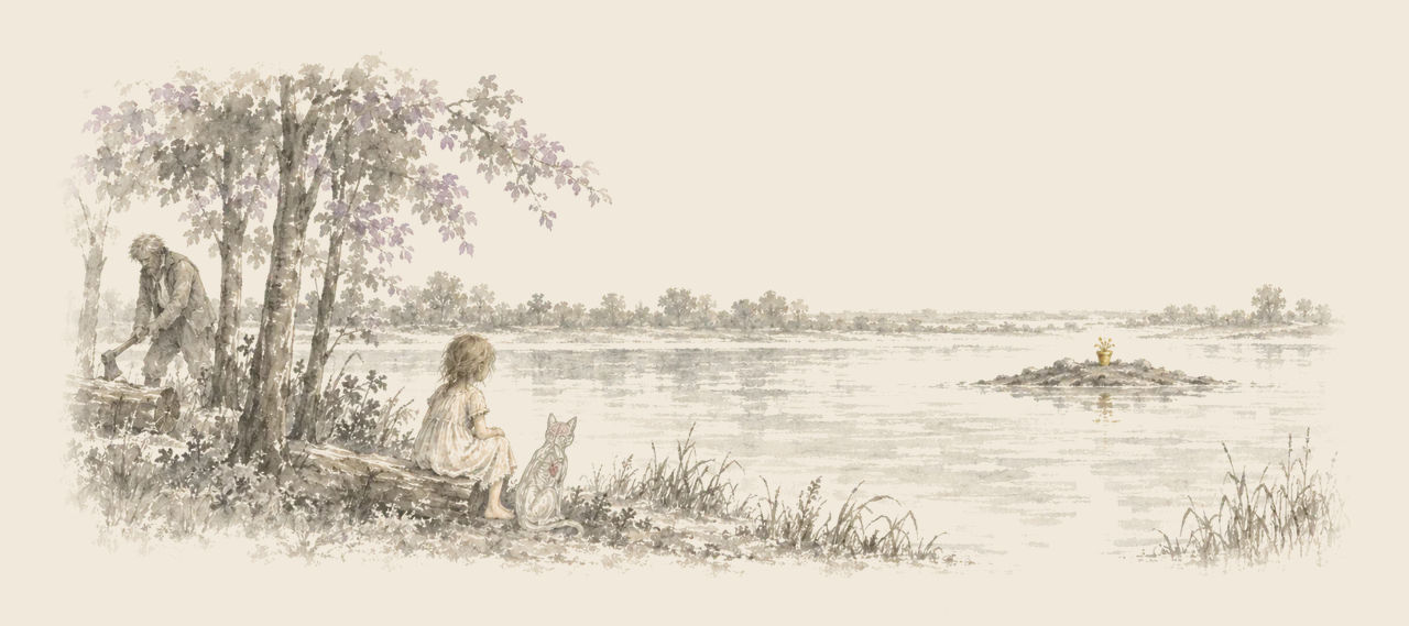 Trot sits on a log by a wide river with the Glass Cat while Cap'n Bill chops wood behind them; a tiny island with a golden flower-pot lies far out.
