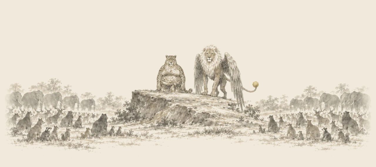 Gugu the King sits on a rock beside a winged lion with a white mane and a gold ball on his tail, before a vast crowd of animals.