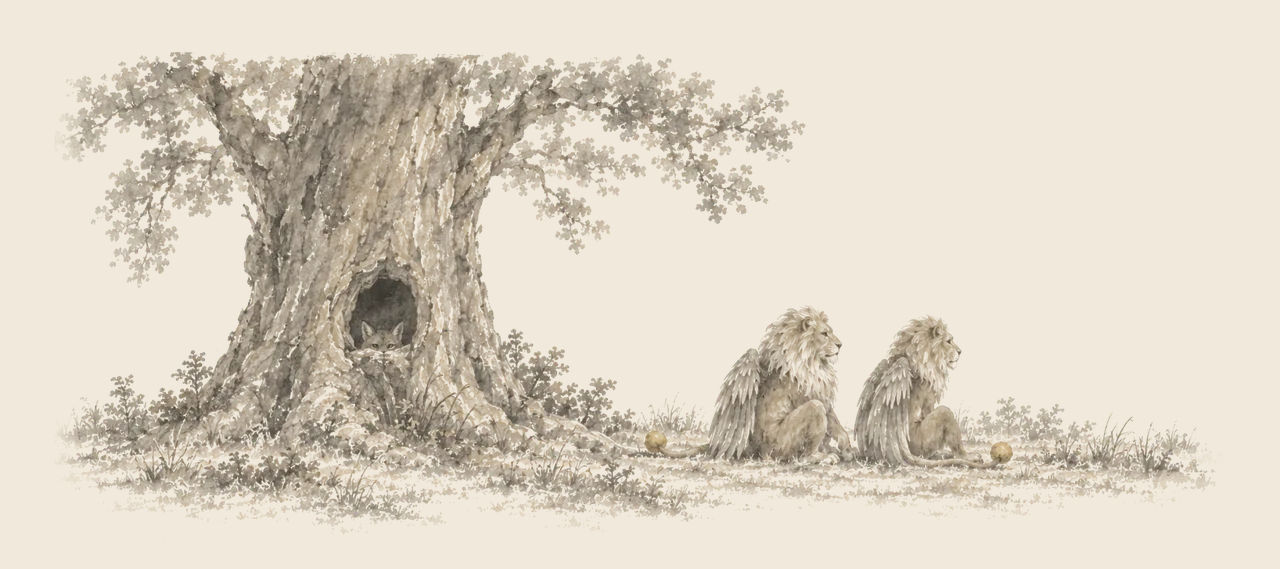 A fox peers out of a hollow in a great tree trunk while two winged lions, each with a gold ball on its tail, sit a little way off.