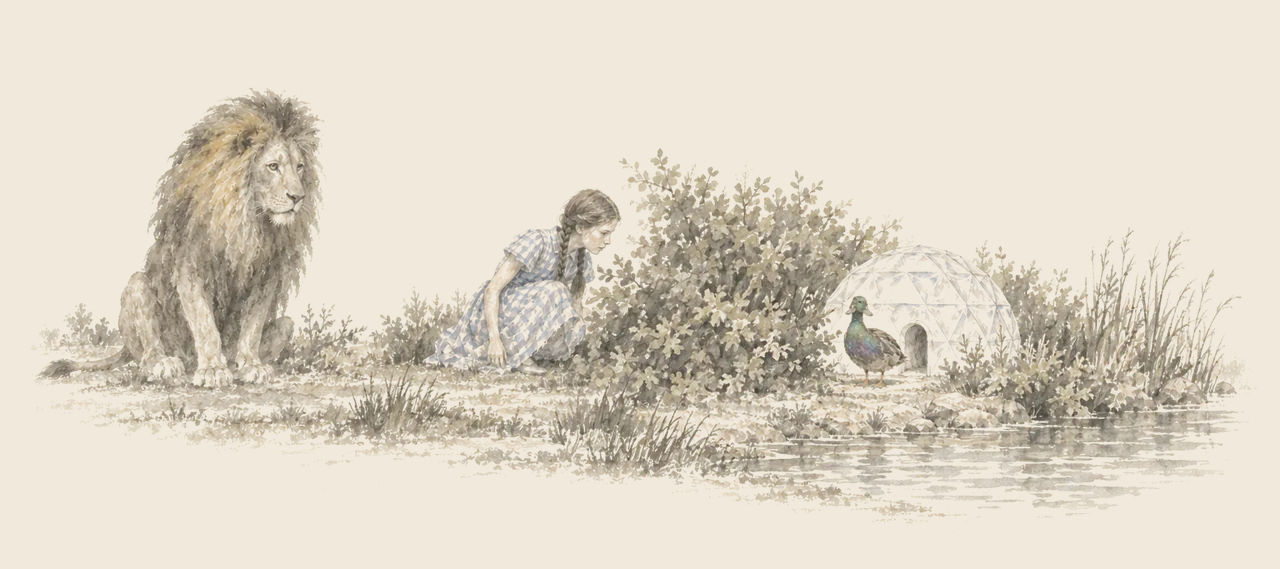 Dorothy crouches by a bush to look at a small dome of clear diamonds with a duck at its door, while the Cowardly Lion waits.