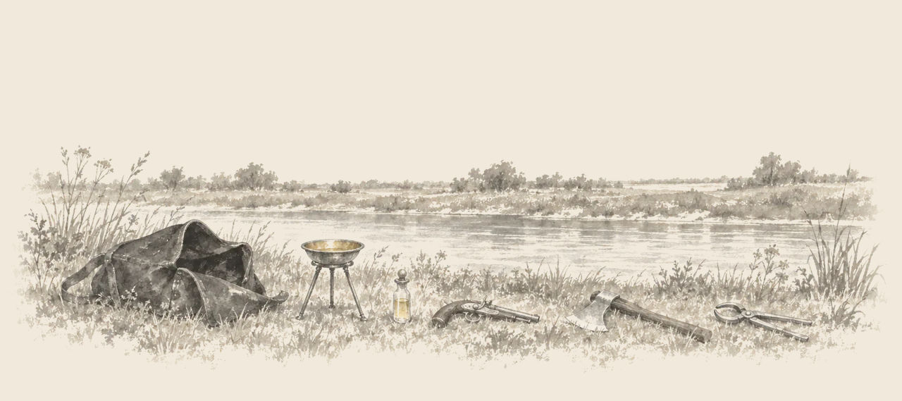A black bag lies open on a river bank beside a silver tripod with a gold basin, a crystal vial, a pistol, a small axe and a pair of pincers.