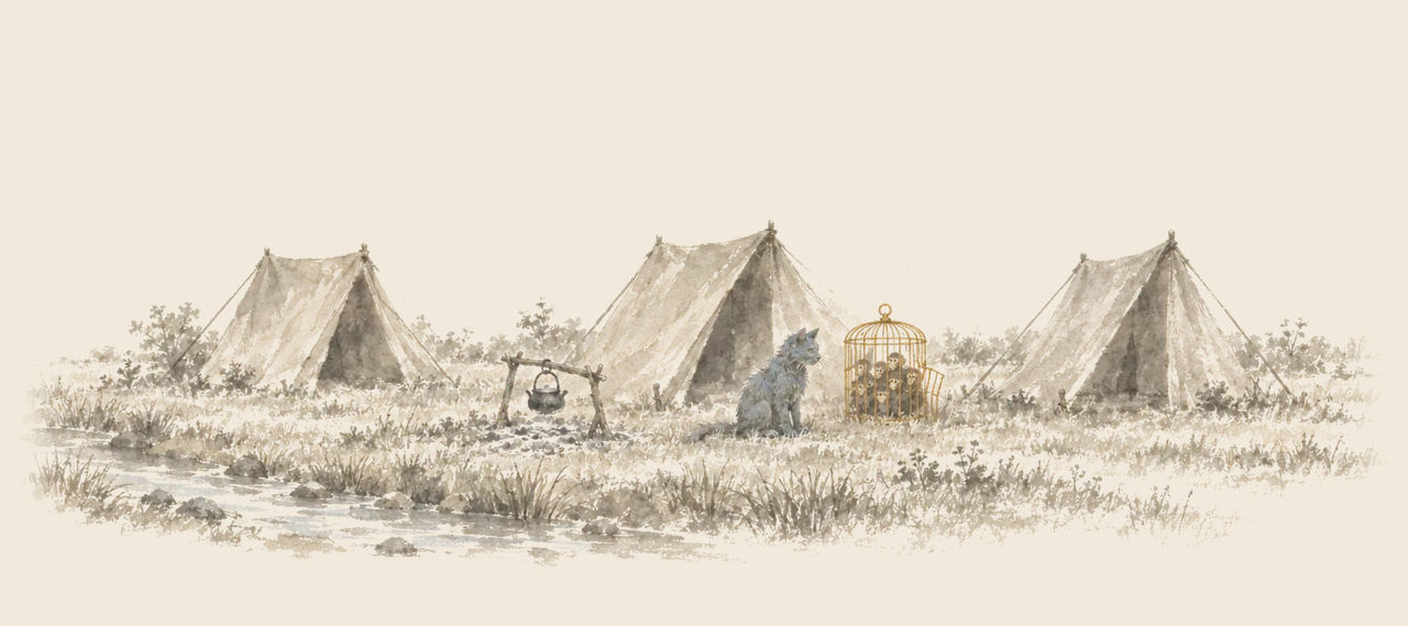Three tents stand by a brook with a kettle over a dead fire, and a mud-caked Glass Cat sits beside a golden cage holding small monkeys.