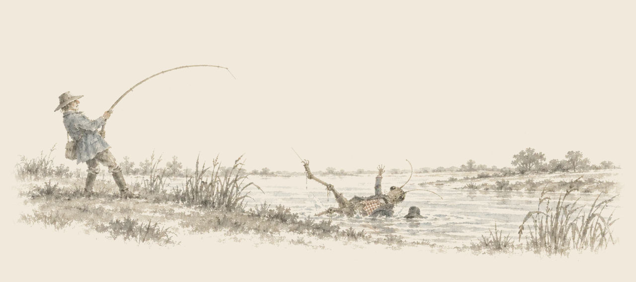 A fisherman leans back on his rod, and his line drags Professor Wogglebug on his back, arms waving, out of the shallows.